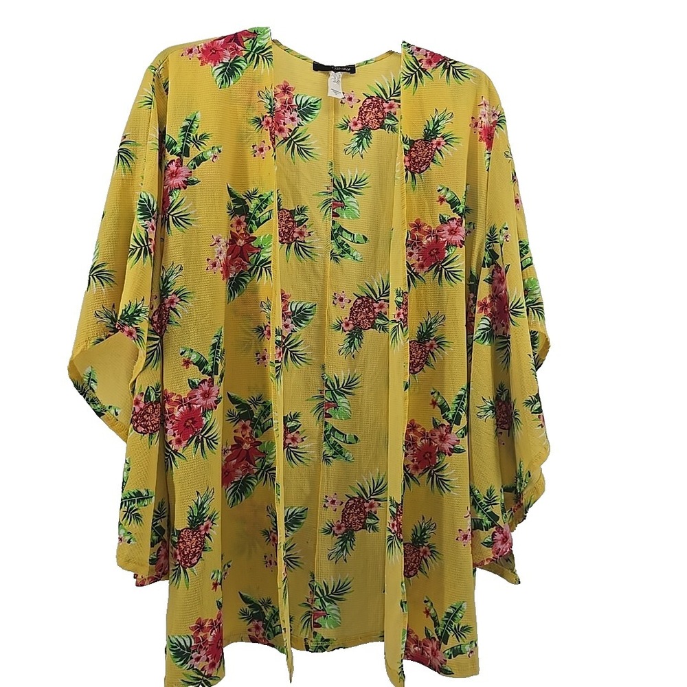 Women's Yellow Tropical Hawaiian Print Pineapple Open Front Swim Cover Size 1 XL